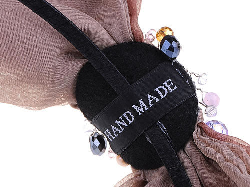 Brown Taupe Chiffon Fabric Bow Accent Beads Detail Headband Hair Piece