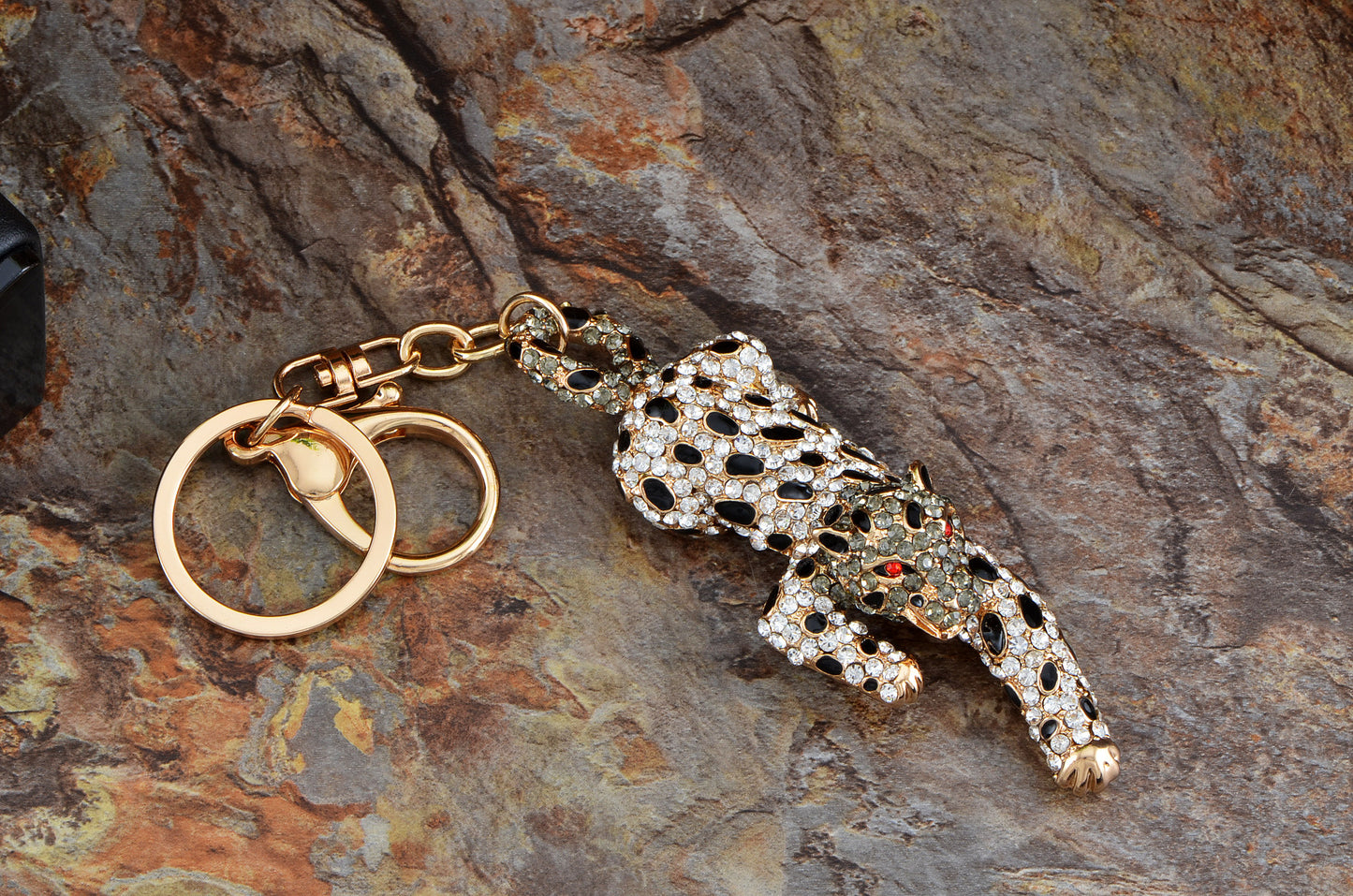 Swarovski Crystal Gold Spotty Prowling Antique Leopard Cat Clip Hook Purse Keychain