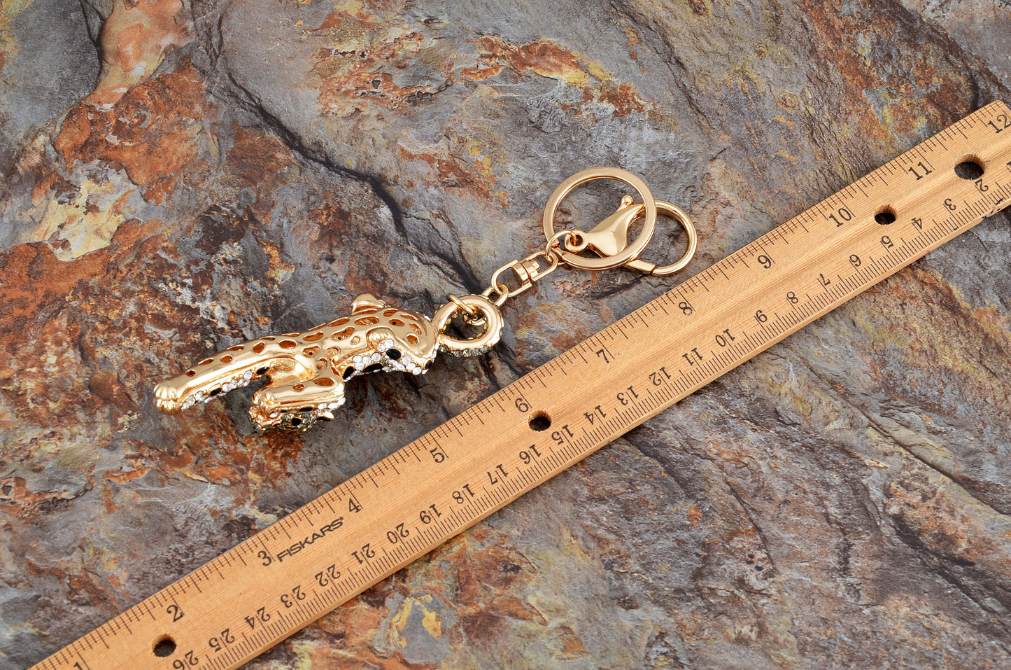 Swarovski Crystal Gold Spotty Prowling Antique Leopard Cat Clip Hook Purse Keychain