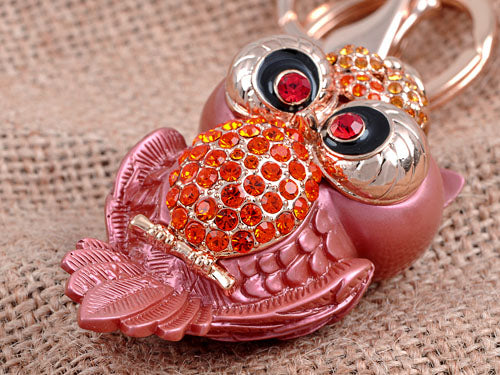 Bronze Cross Eye Ruby Indian Red Owl Perched On Mini Branch Keychain