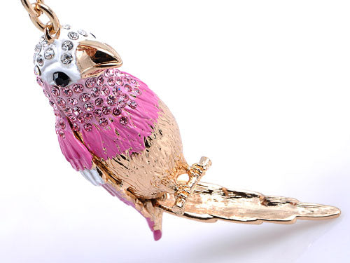 Pink Painted Ombre Feathered Parrot Perched On Mini Branch Keychain