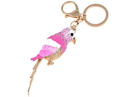Pink Painted Ombre Feathered Parrot Perched On Mini Branch Keychain