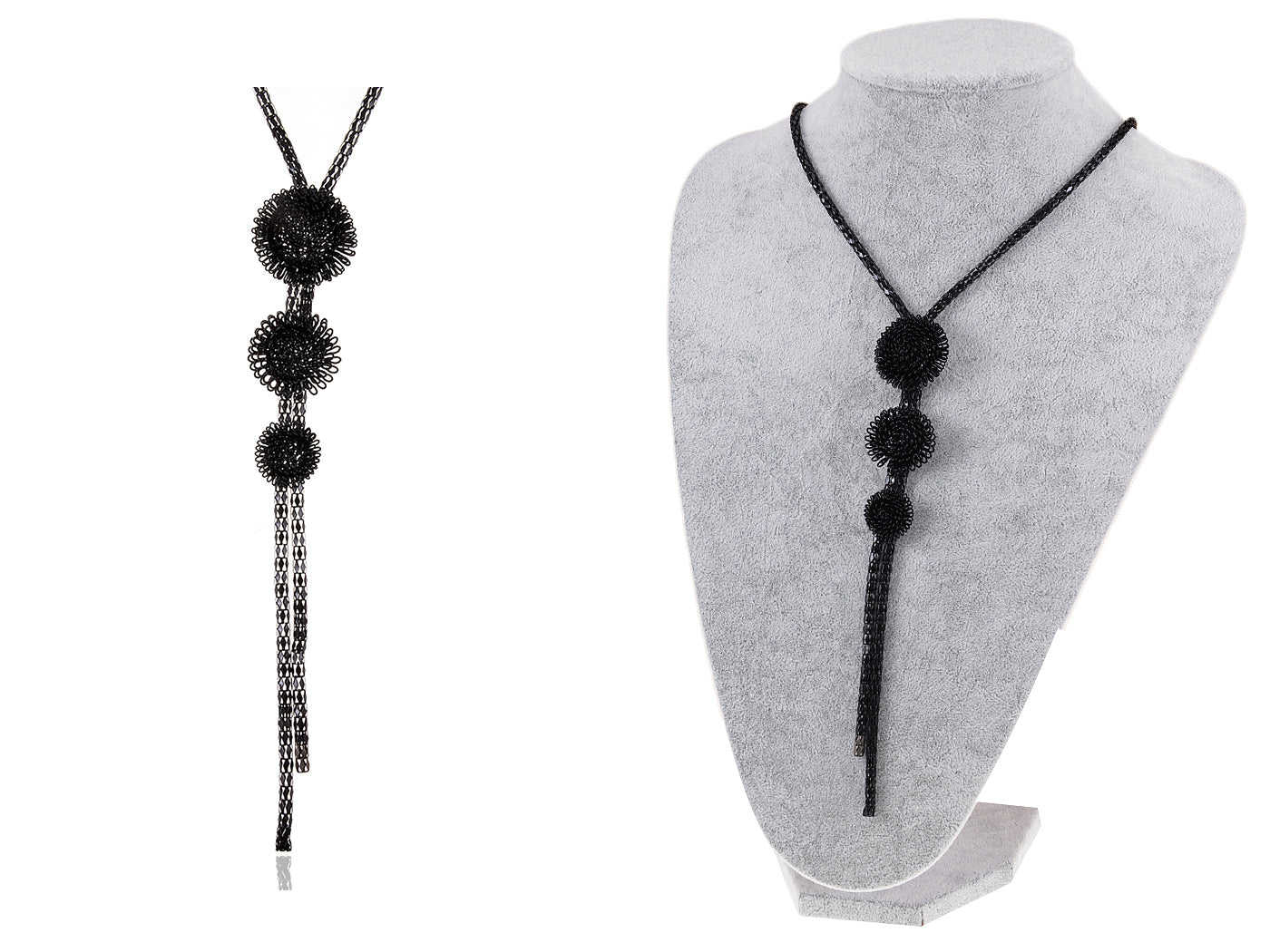 Fancy Abstract Black 3 D Flower Trio Dangling Chain Jewelry Necklace