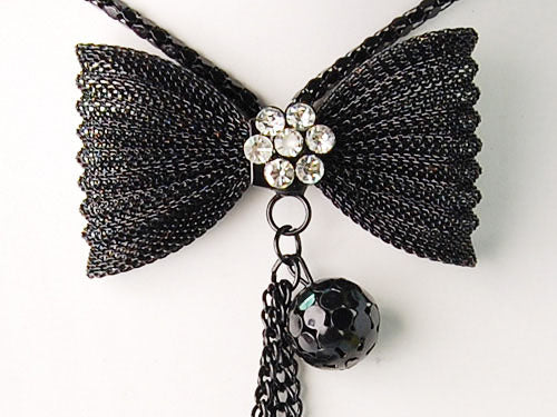 Black Chain Ribbon Present Gift Bow Dangling Butterfly Tassel Necklace