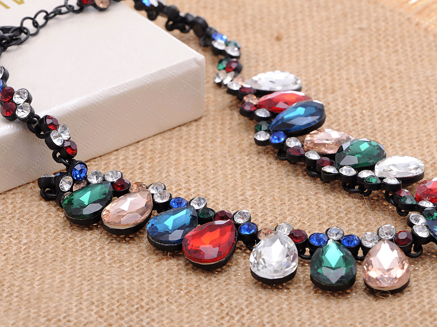 Festive Multicolor Gem Teardrop Black Chain Necklace