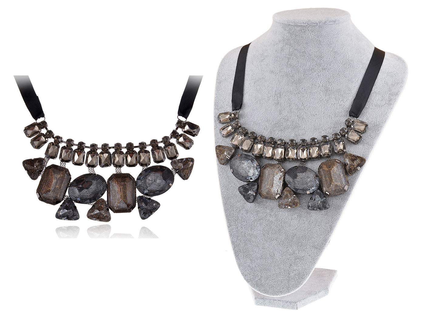 Statement Mesh Net Grey Topaz Jewel Gem Necklace Bib