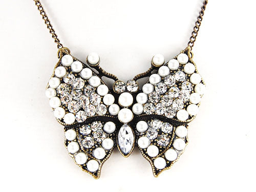 Pearl Bead Czech Insect Butterfly Pendant Necklace