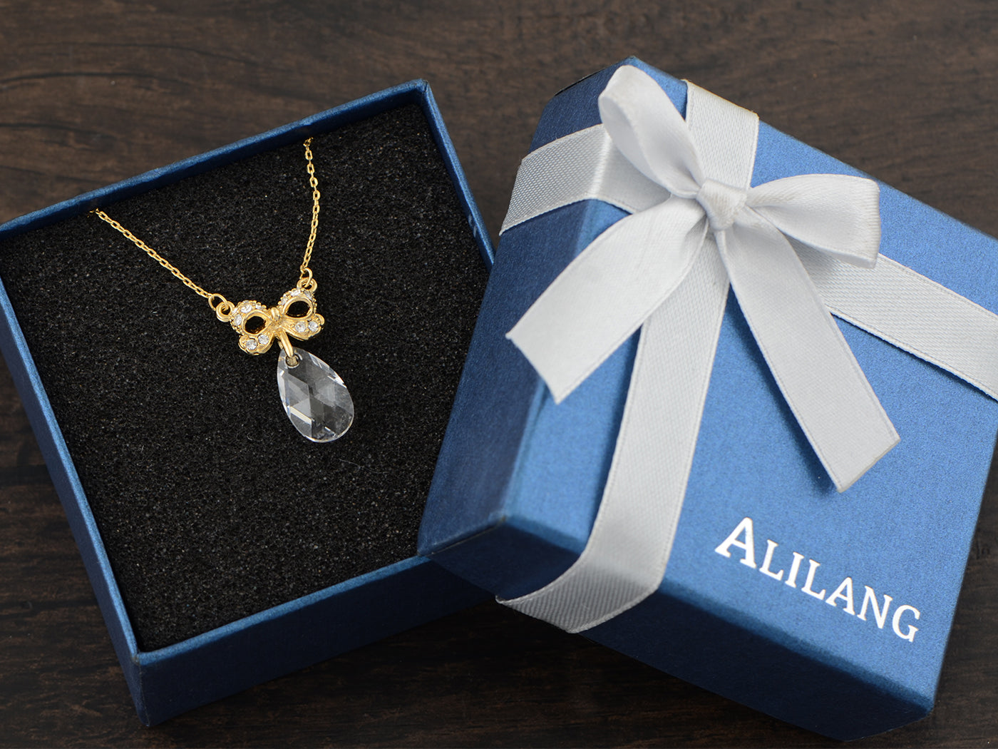 Swarovski Crystal Bow Tear Drop Gem Pendant Necklace