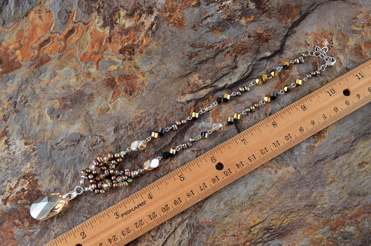 Topaz Pearl Bead Link Brown Drop Amulet Pendant Necklace