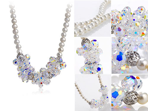 Faux Pearls Swarovski Crystal Cluster Pendent Necklace