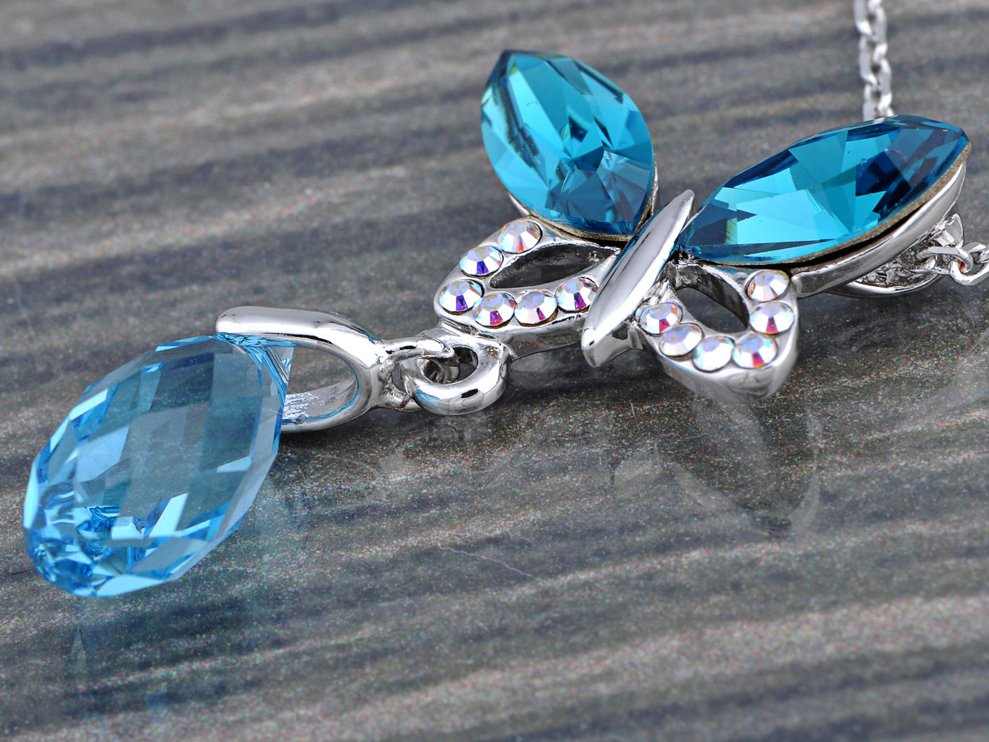 Aqua Blue Art Zircon Dangle Drop Butterfly Pendant Necklace