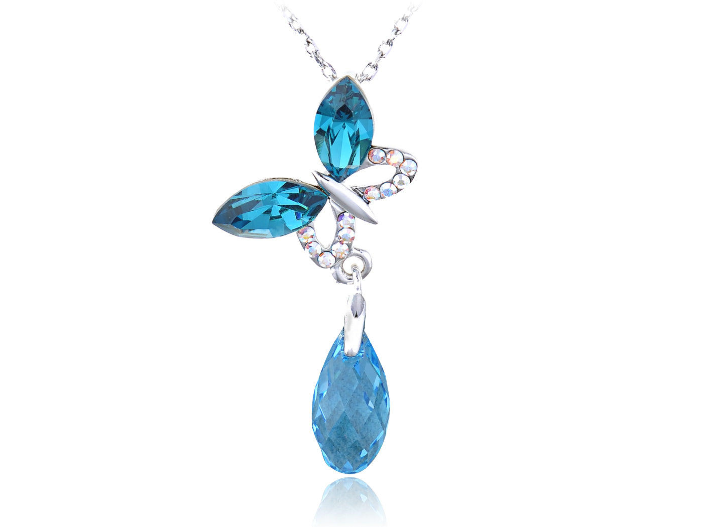 Aqua Blue Art Zircon Dangle Drop Butterfly Pendant Necklace