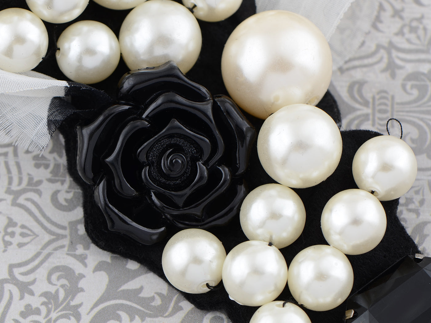 Princess Chiffon Dot Pearl Black Resin Rose Long V Bib Necklace