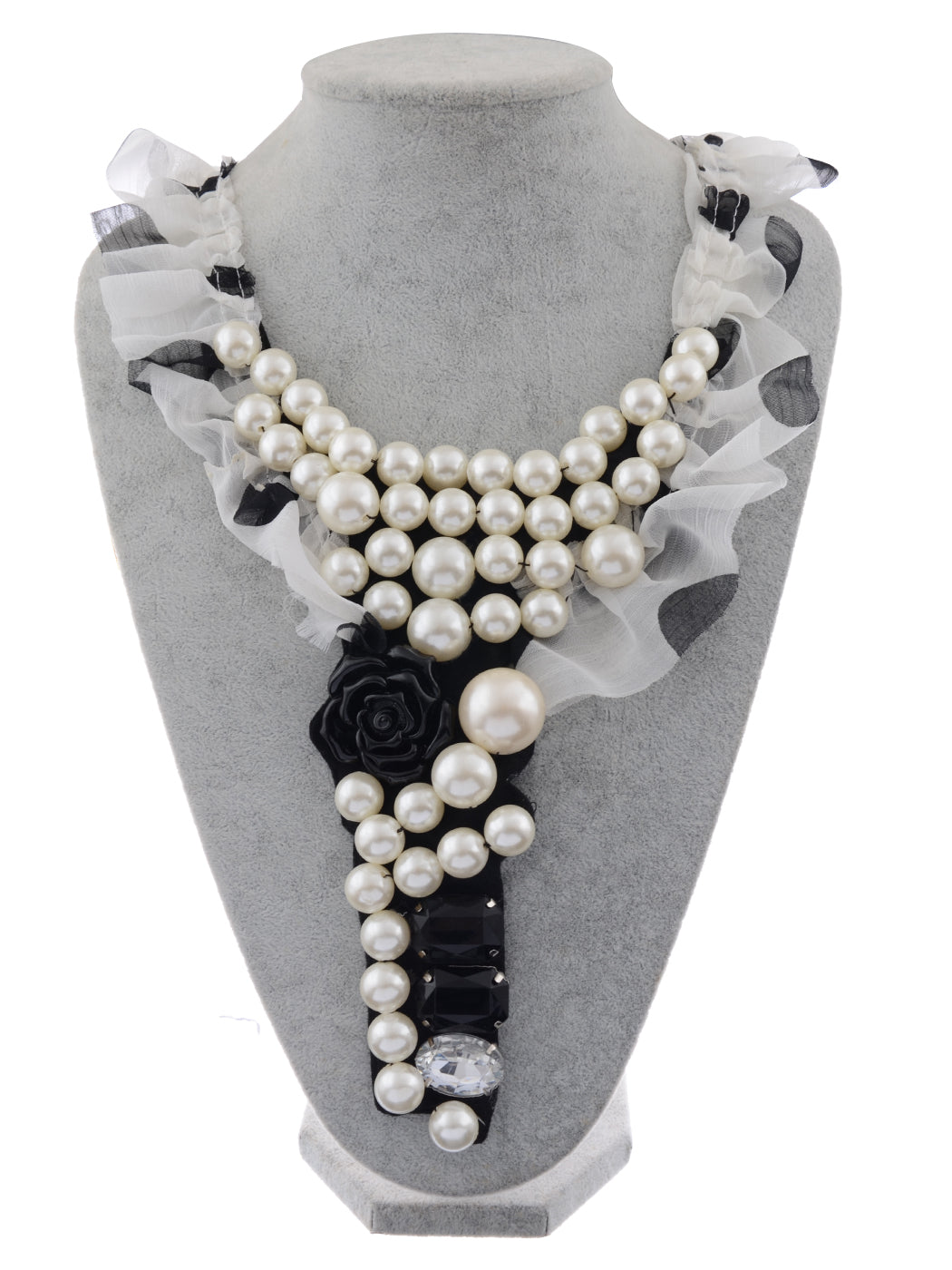 Princess Chiffon Dot Pearl Black Resin Rose Long V Bib Necklace