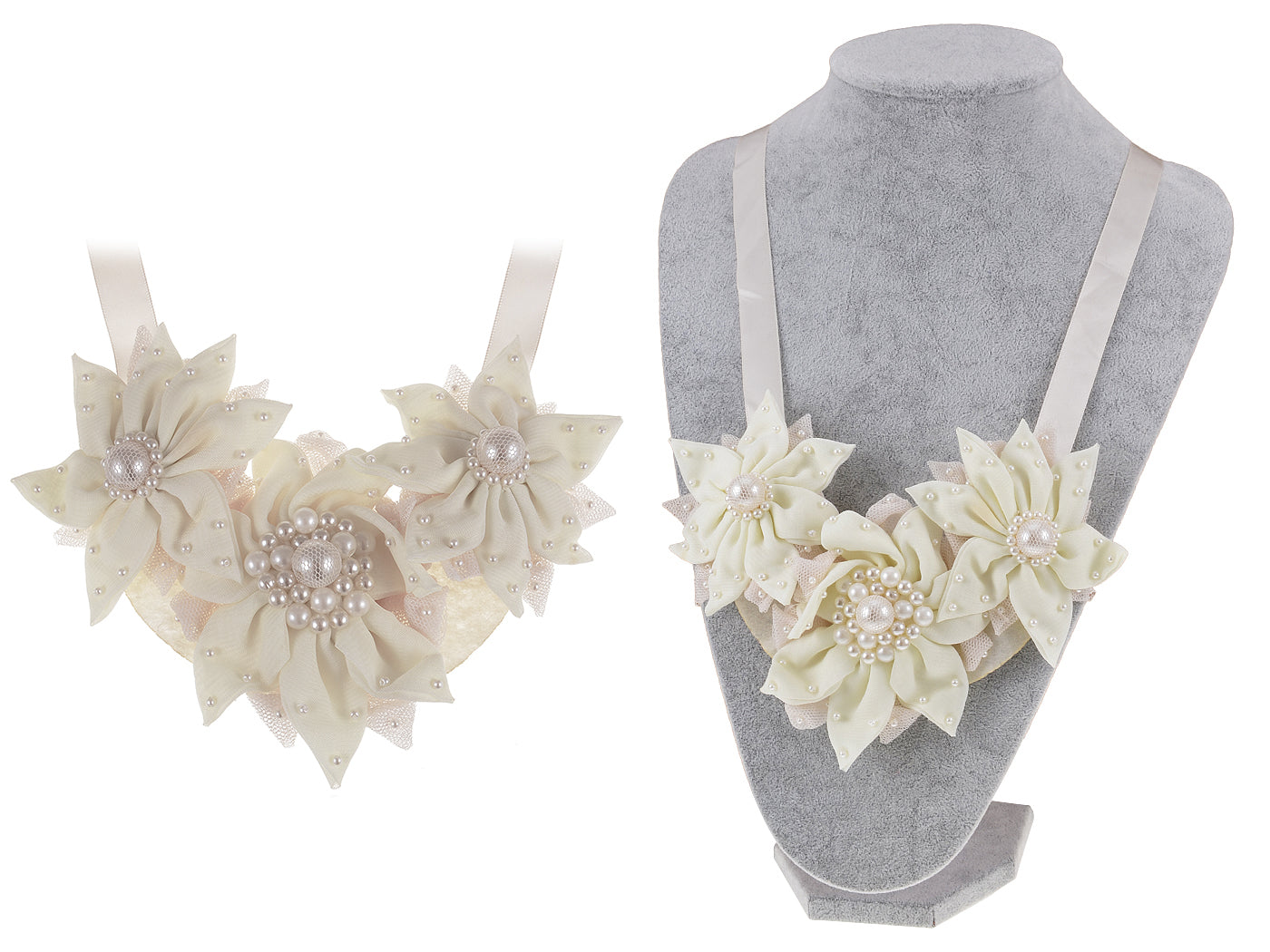 Cream Holiday Poinsettia Tri Flower Pearl Bridal Fabric Bib Ribbon Necklace