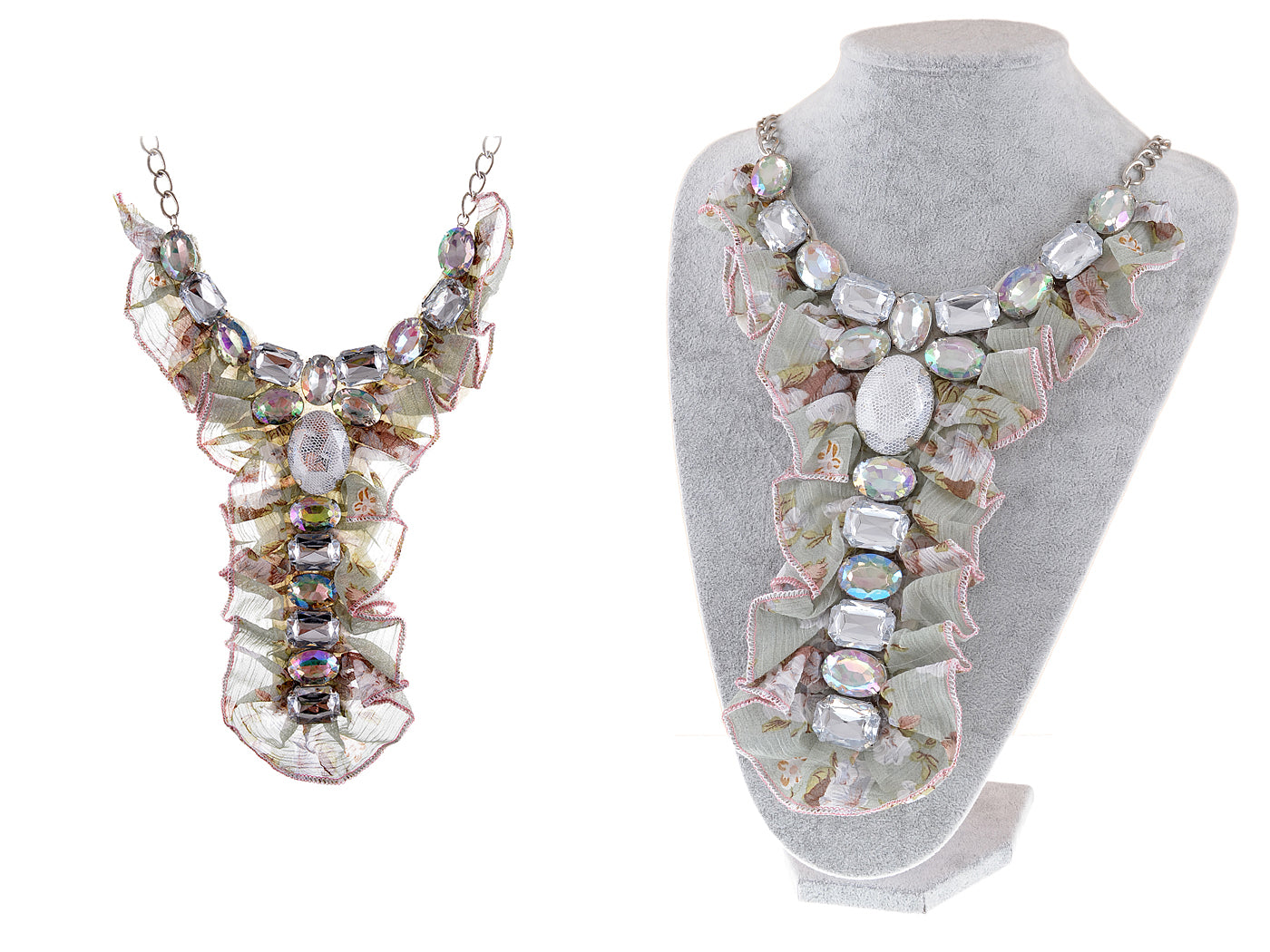 Aurora Borealis Gem Long Ruffle Fabric Flower V Bib Necklace