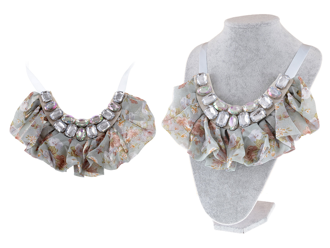 Country Flower Fabric Bib Ruffle Trim Aurora Boreale Gem Collar Necklace