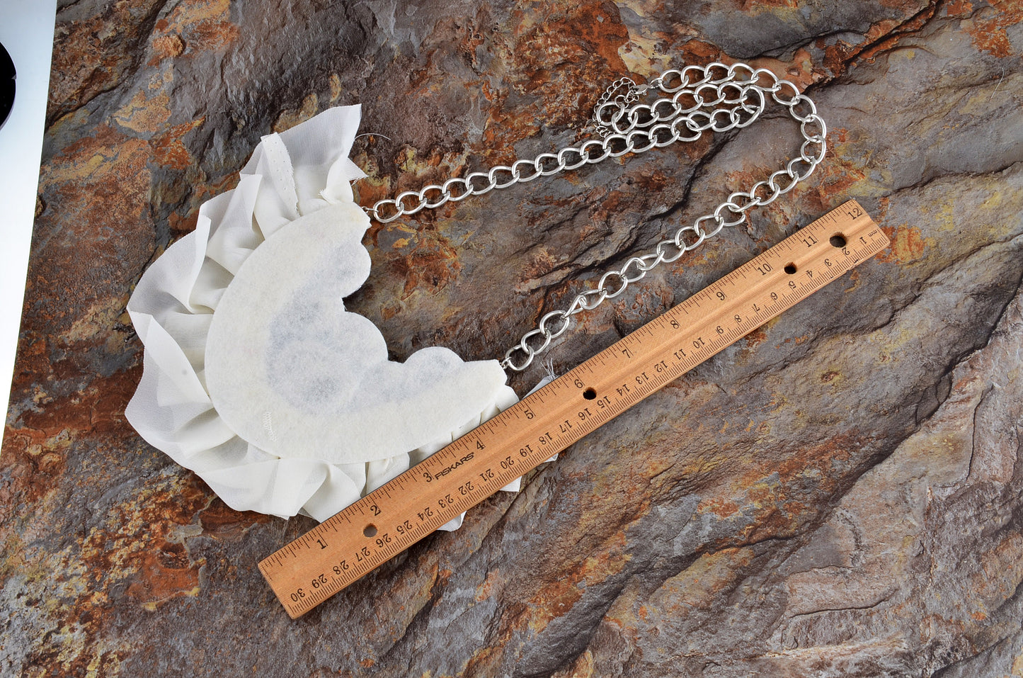 Ivory Ruffle Chiffon Fan Gem Chain Link Collar Bib Necklace