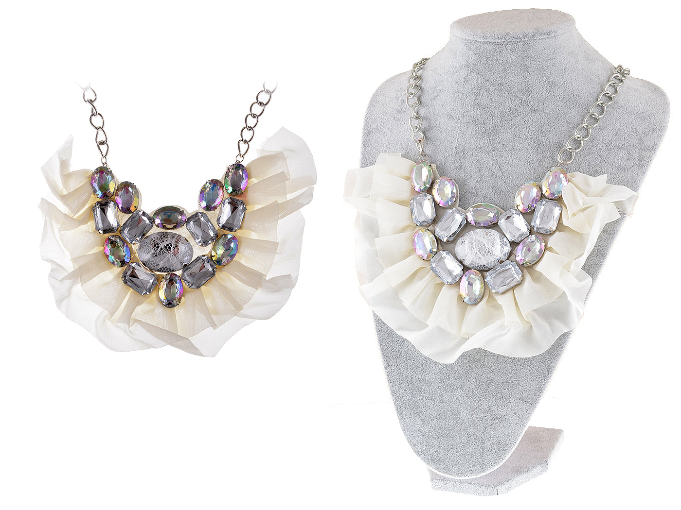 Ivory Ruffle Chiffon Fan Gem Chain Link Collar Bib Necklace