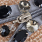 Unique Zipper Style Smoke Grey Gem Fabric Embellished Long Bib Necklace