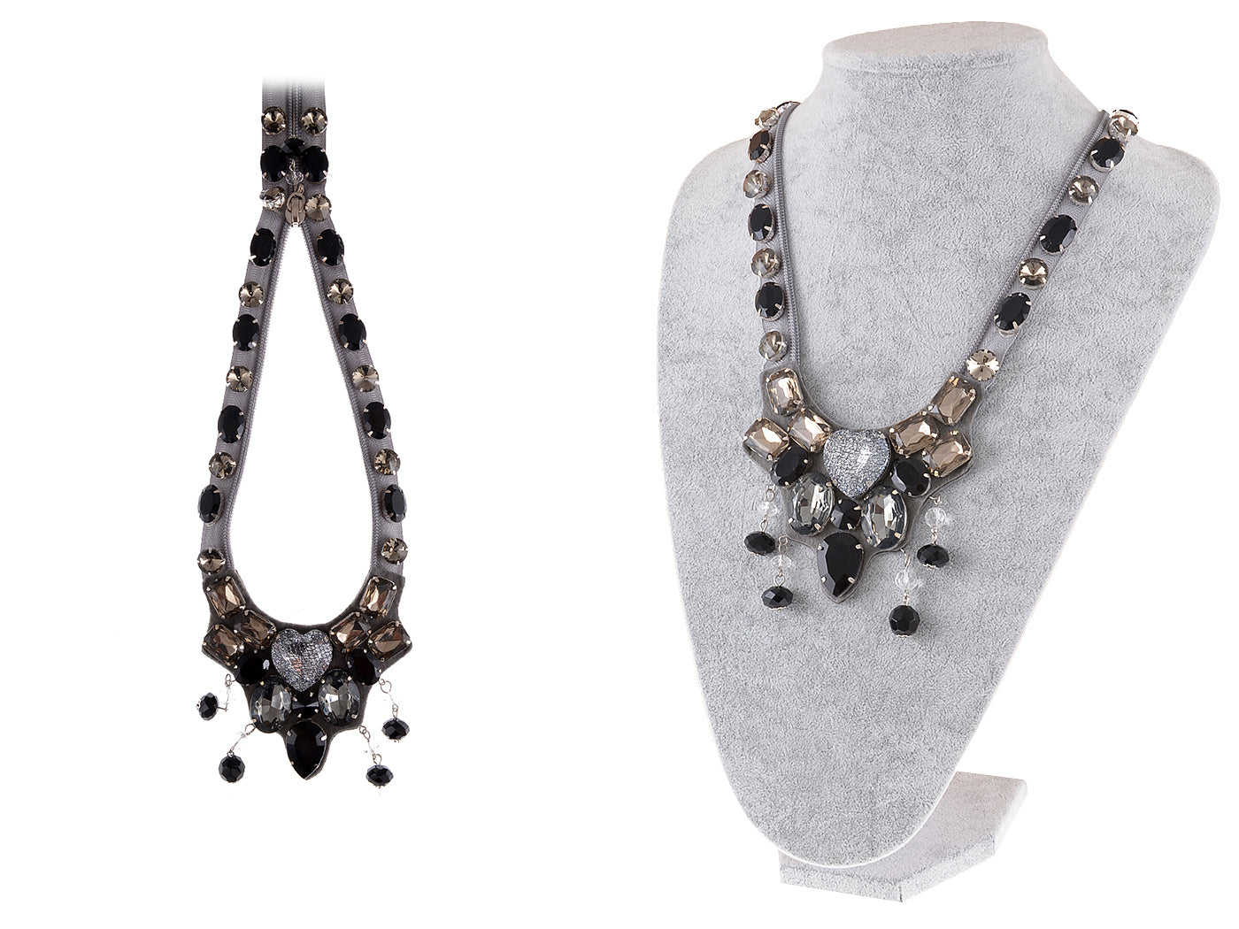 Unique Zipper Style Smoke Grey Gem Fabric Embellished Long Bib Necklace