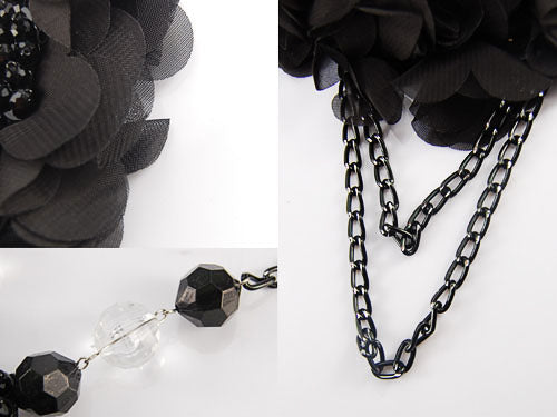 Black Mesh Dahlia Ruffle Flower Petals Bead Dangle Chain Bib Necklace