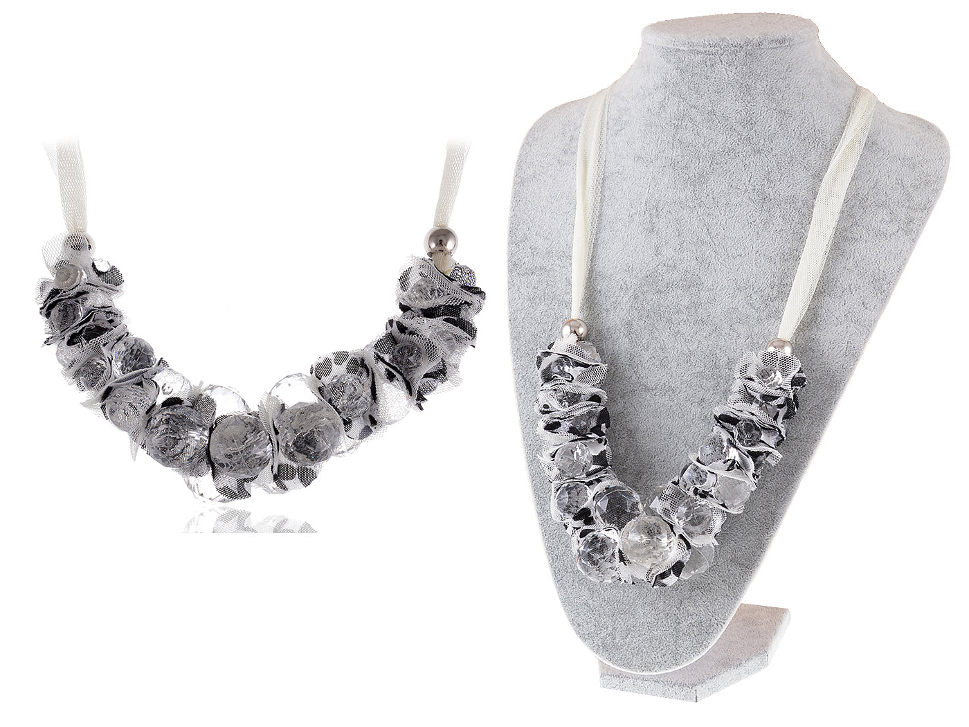 Ivory Cream Black Net Mesh Chiffon Ball Bead Polka Dot Ribbon Necklace