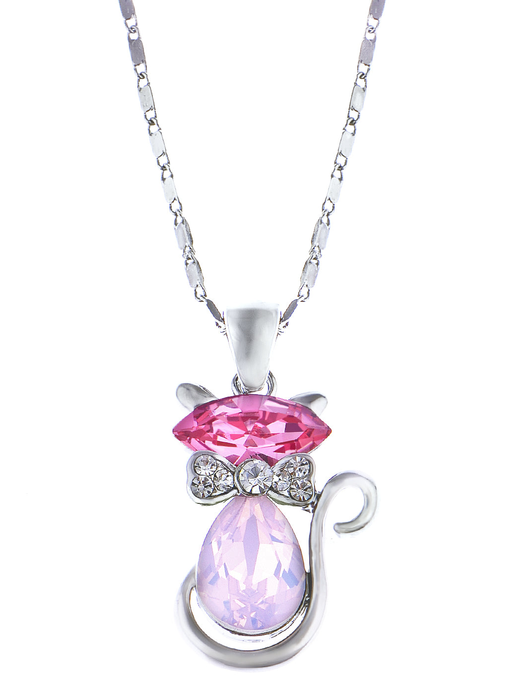 Swarovski Crystal Hot Fuchsia Pink Opal Bow Tie Siam Kitty Cat Pendant Necklace