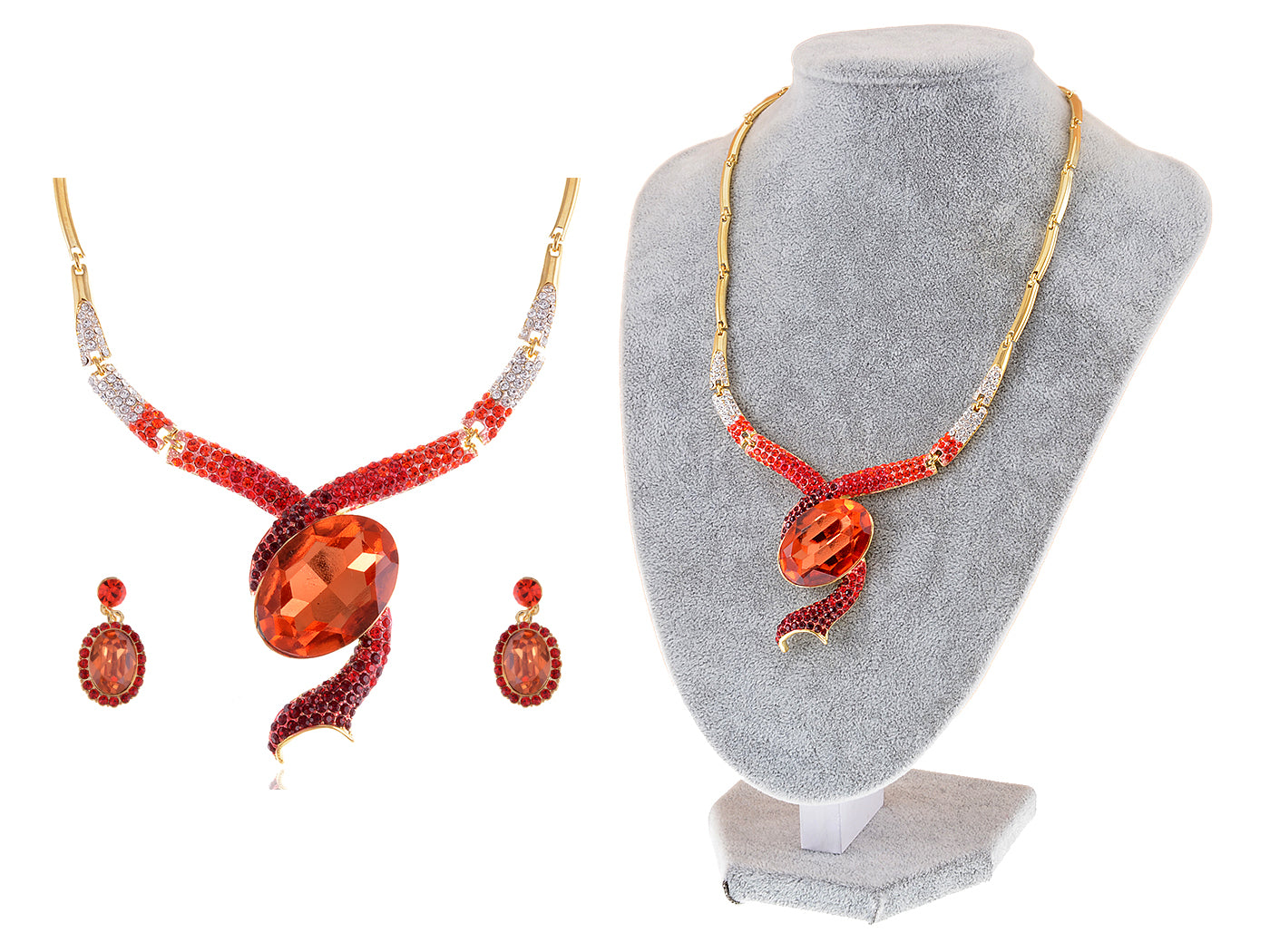 Ruby Red Snake Dangle Earring Necklace Jewelry Set