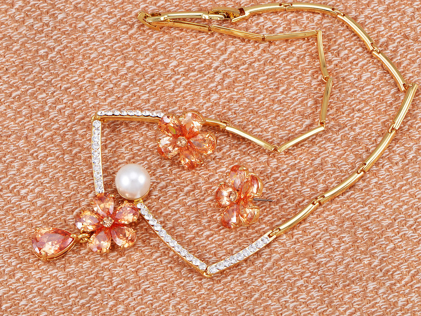 Swarovski Crystal Topaz Brown Daisy Flower Pearl Bead Element Earring Necklace Jewel Set