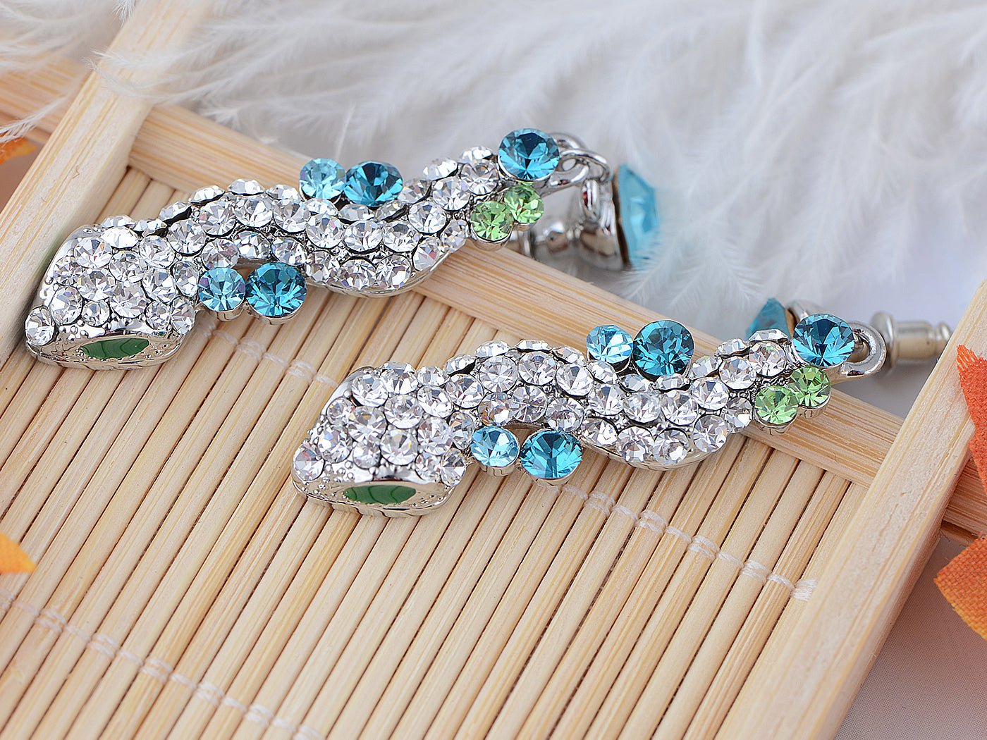 Swarovski Crystal Lime Green Blue Burst Snake Coil Dangle Earring Necklace Set