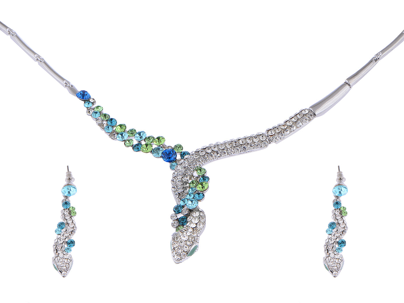 Swarovski Crystal Lime Green Blue Burst Snake Coil Dangle Earring Necklace Set