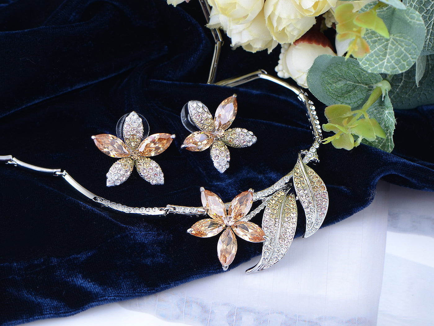 Swarovski Crystal Topaz Autumn Flower Leaves Necklace Earring Set