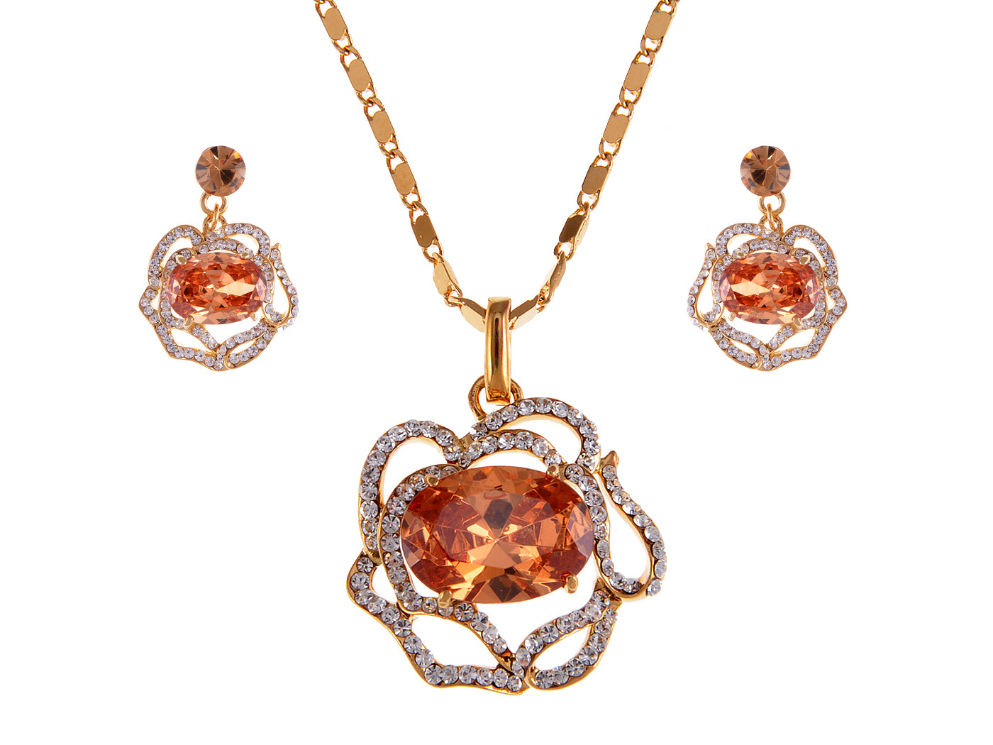 Swarovski Crystal Amber Rose Blossom Outline Necklace Earring Set