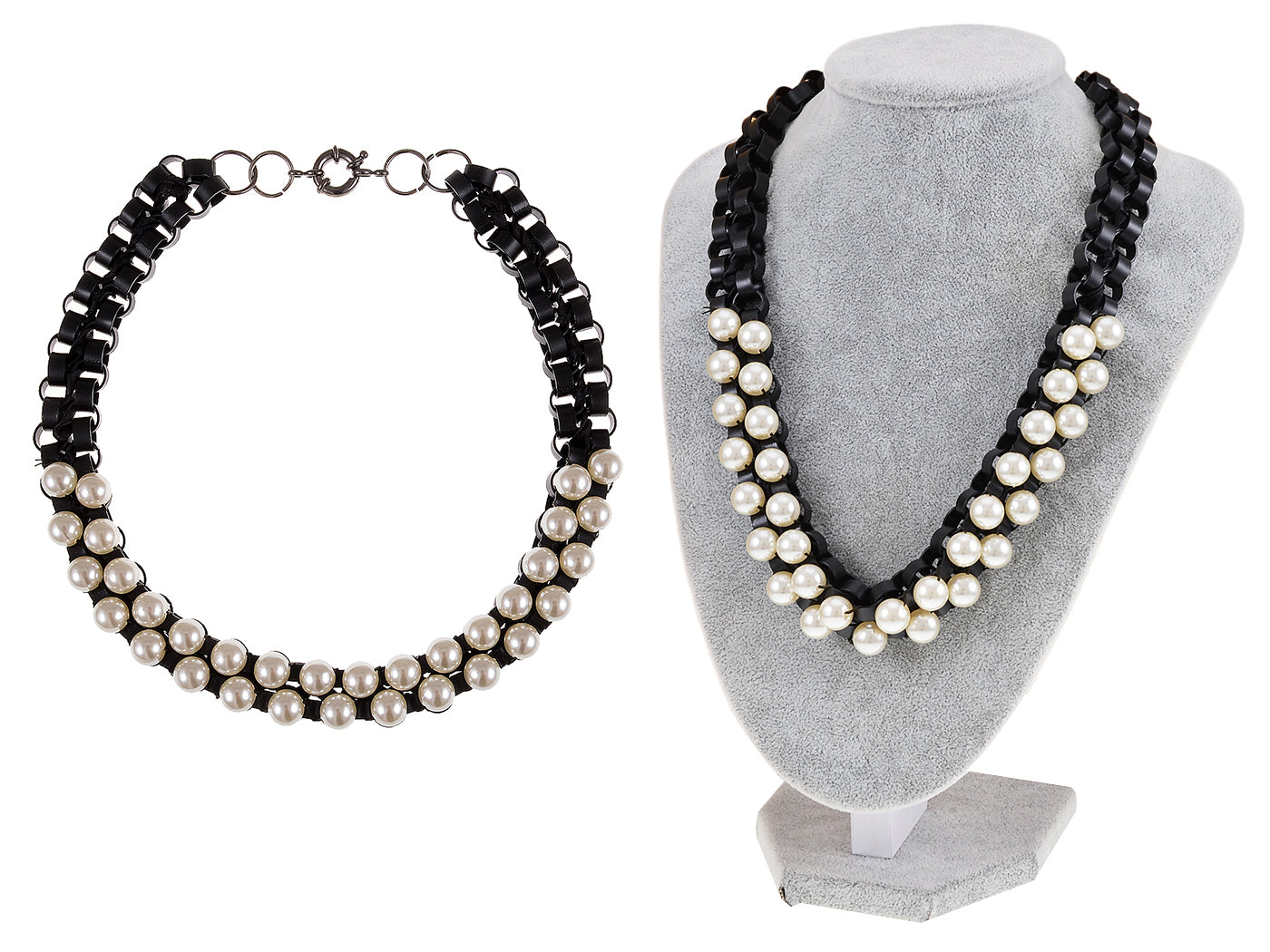 Retro 1960S Choker Pearl Bead Cuff Chain Link Black Ribbon Necklace