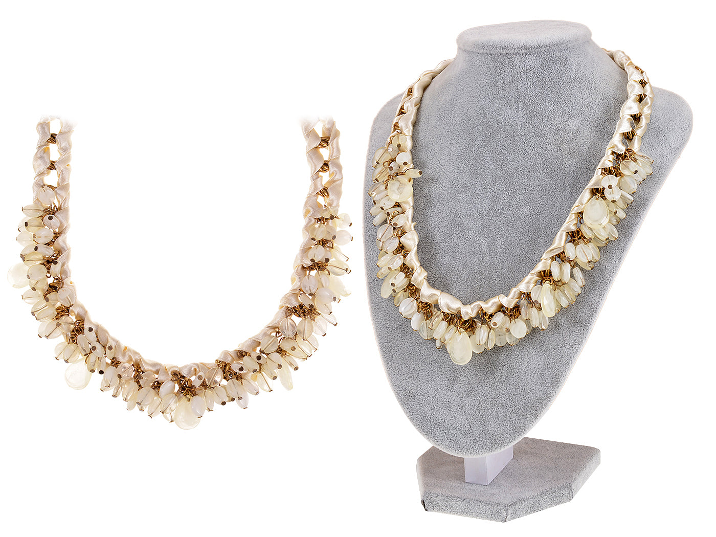 Cream Satin Ribbon Gold Link Milky Glass Bead Choker Necklace