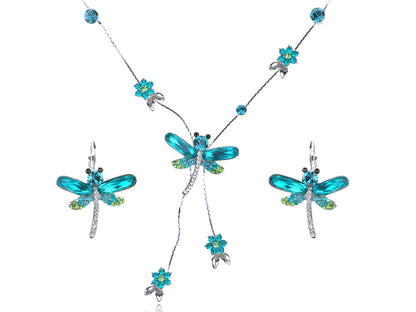Blue Zircon Element Floral Dragonfly Earring Necklace Set