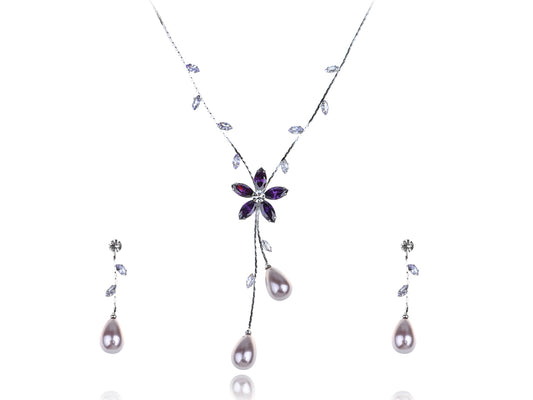 Swarovski Crystal Teardrop Pearl Floral Flower Necklace Earrings Set