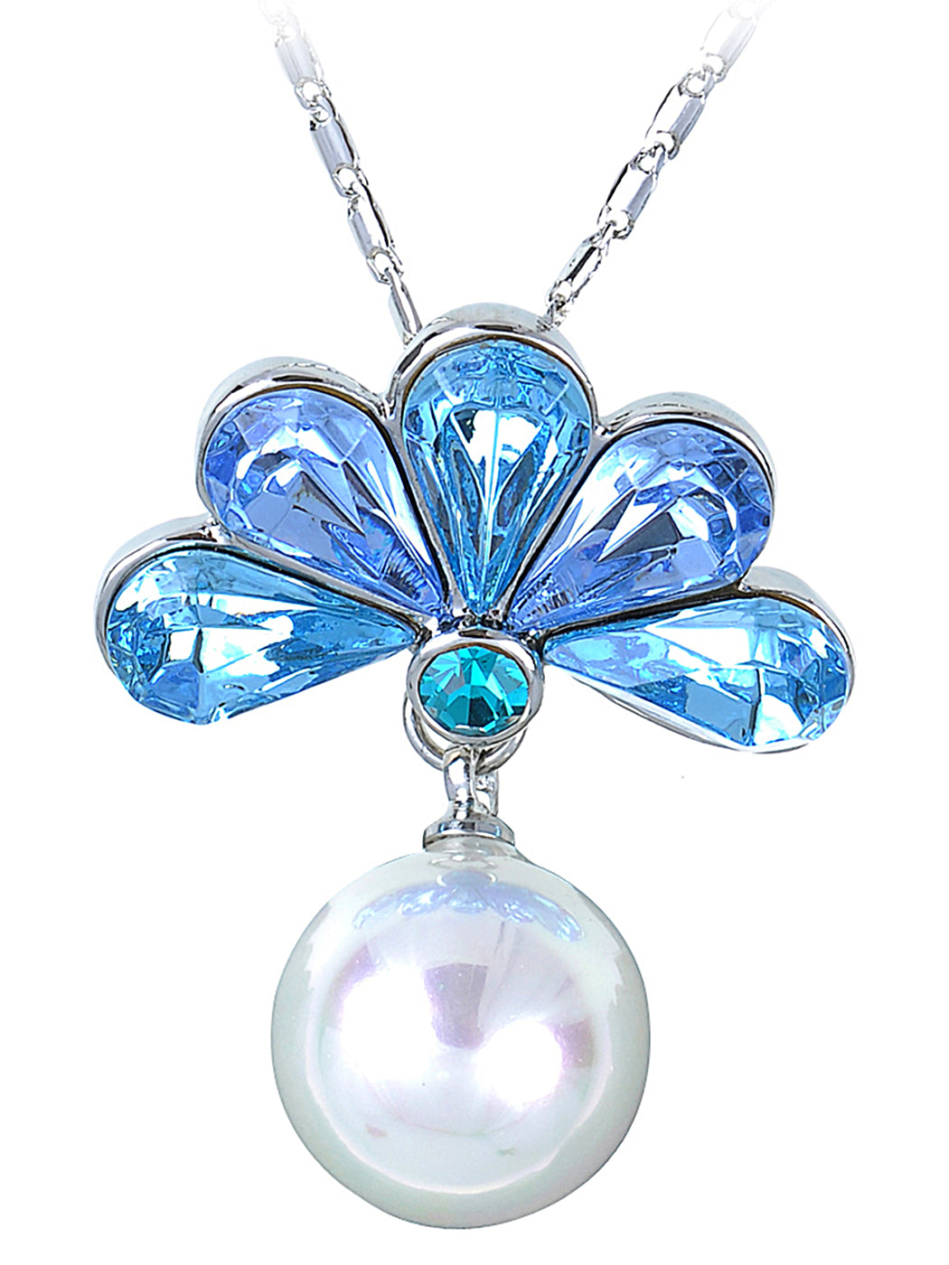 Swarovski Crystal Faux Pearl Light Blue Feather Peacock Pendant Necklace