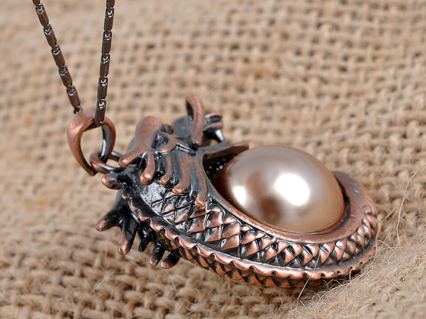 Rusty Red Antique Chinese Dragon Protects Sacred Bronze Pearl Pendant