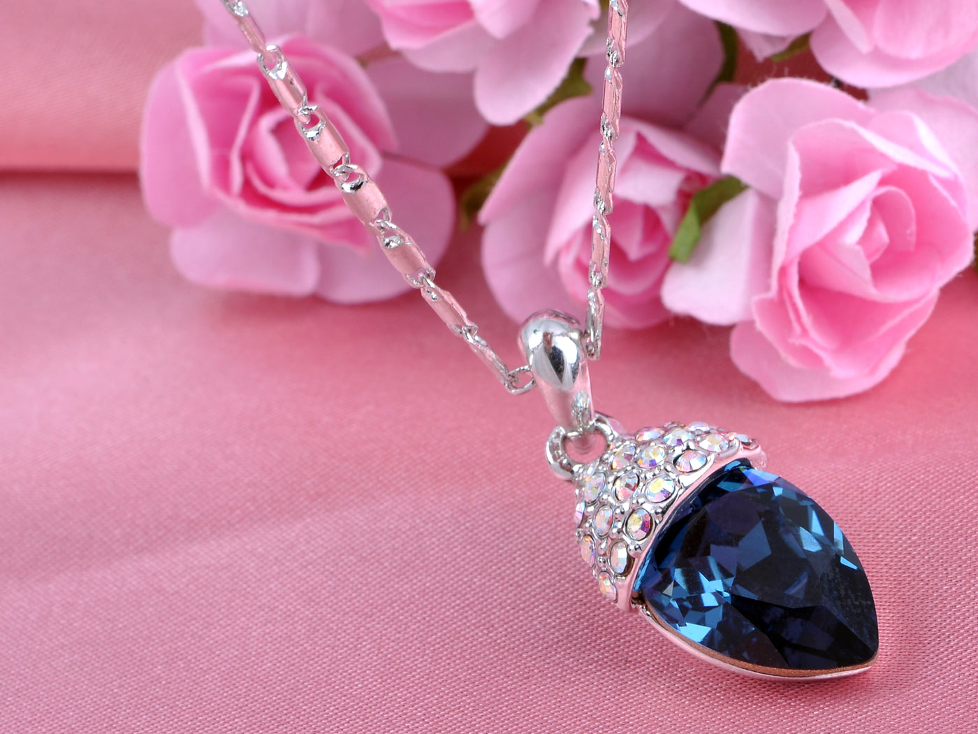 Swarovski Crystal Half Circle Atop Deep Blue Upside Down Tear Drop Pendant Necklace