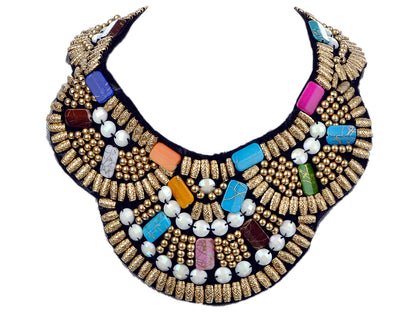 Tribal Woven Multicolored Beaded Bib Statement Necklace