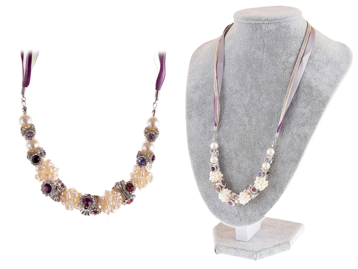 Swarovski Crystal Faux Pearl Floral Bead Rhinestone Necklace