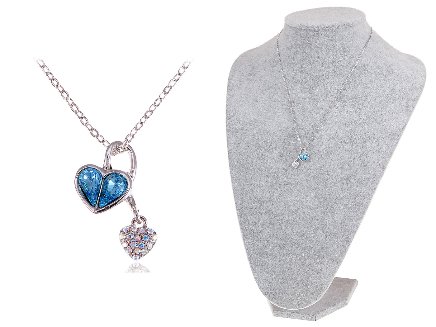 Swarovski Crystal Blue Zircon Elements Dual Hearts Necklace