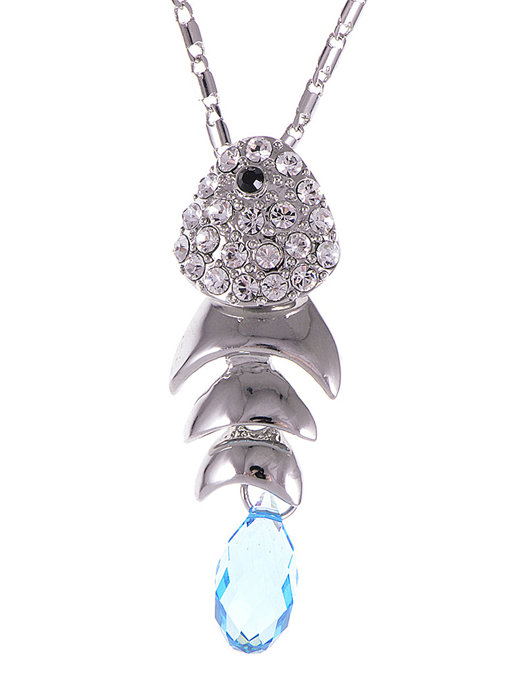 Swarovski Crystal Silver Aquamarine Fish Bone Necklace