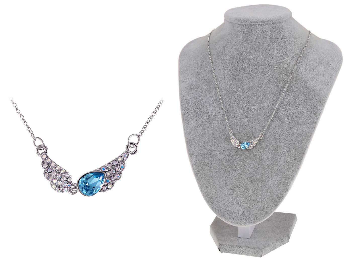 Swarovski Crystal Element Aurora Borealis Aqua Teardrop Angel Wing Necklace