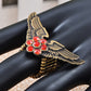 Vintage Polish Ruby Flower Center Pilot Aviator Angel Bird Wings Stretch Ring