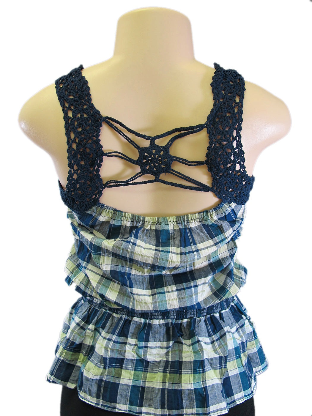 Anna-Kaci Babydoll Blouse Crochet Neckline Plaid Pattern-Large