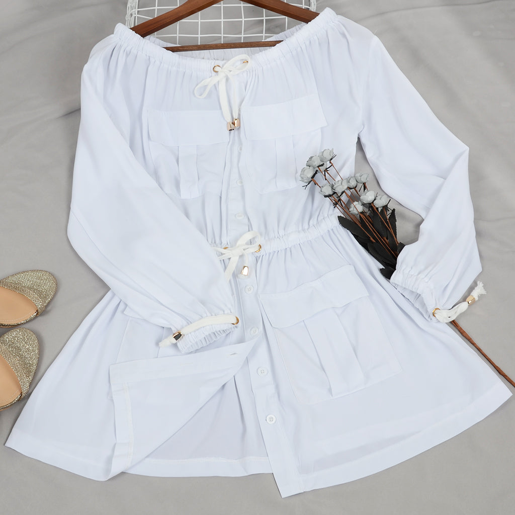 Off Shoulder Adjustable Travel Button Down Dress