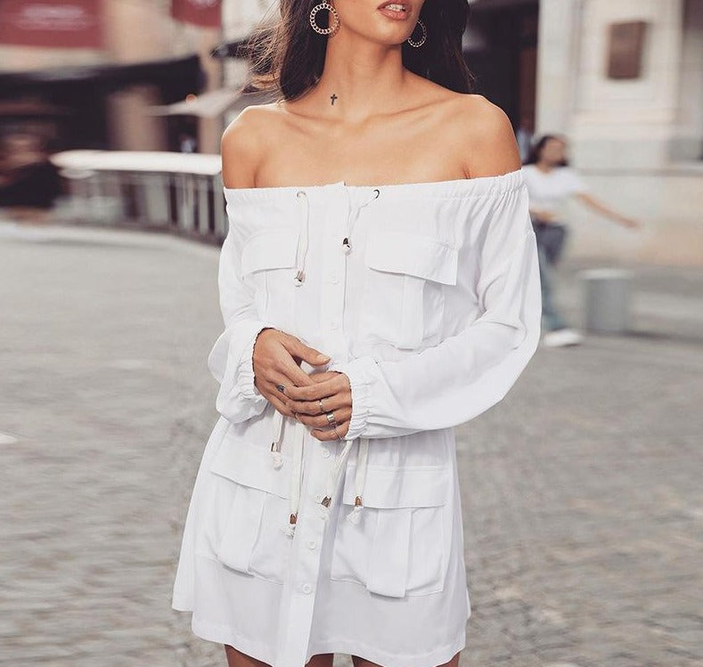 Off Shoulder Adjustable Travel Button Down Dress